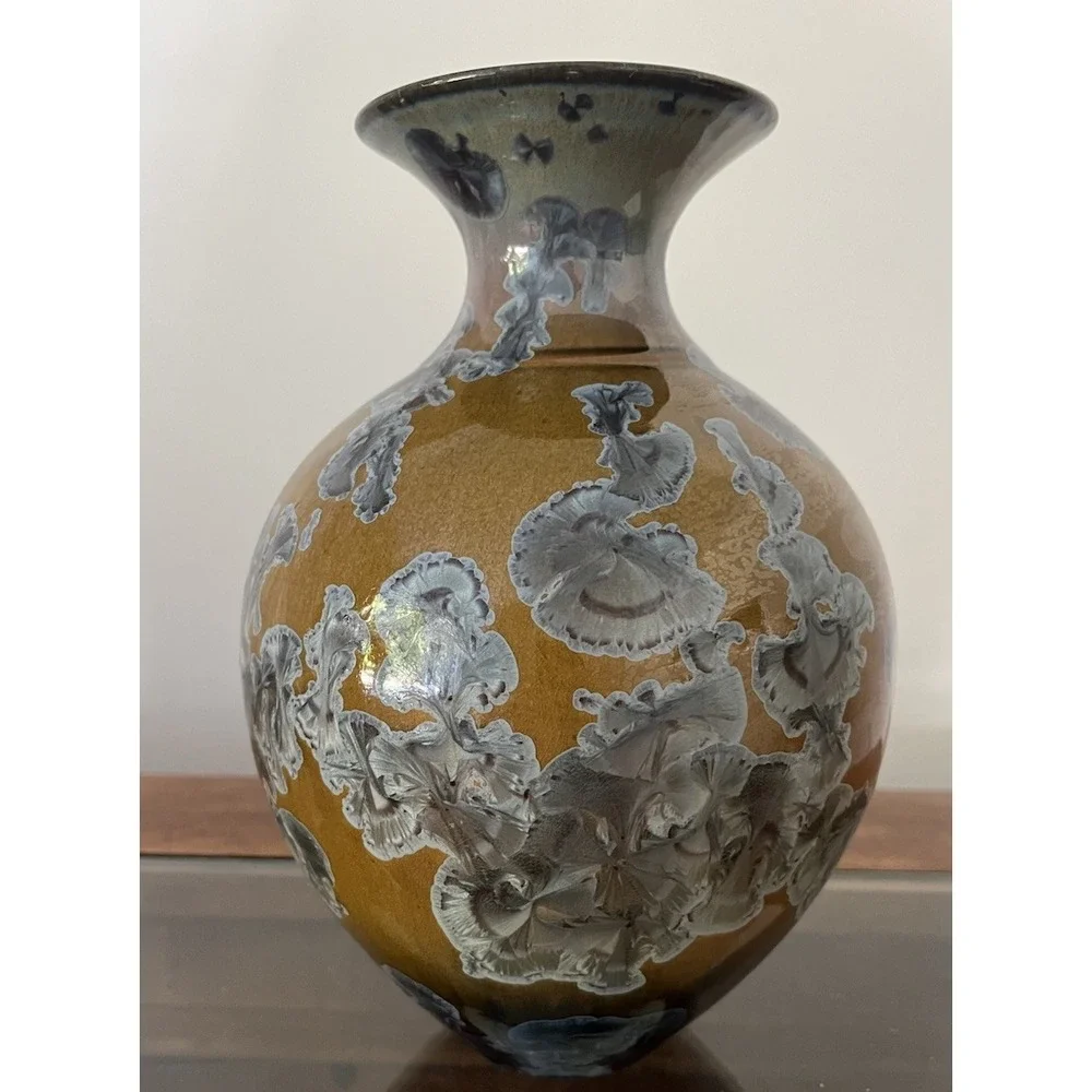Bill Campbell Flambeaux Crystalline Vase Blue Gray Gold Brown Art Pottery 10